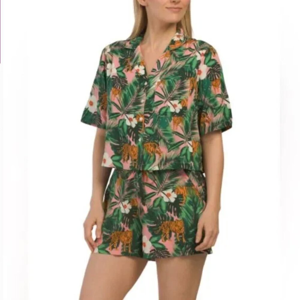 Cynthia Rowley M Green Orange Tropical Jungle Tiger Cropped Top & Short PJ Set